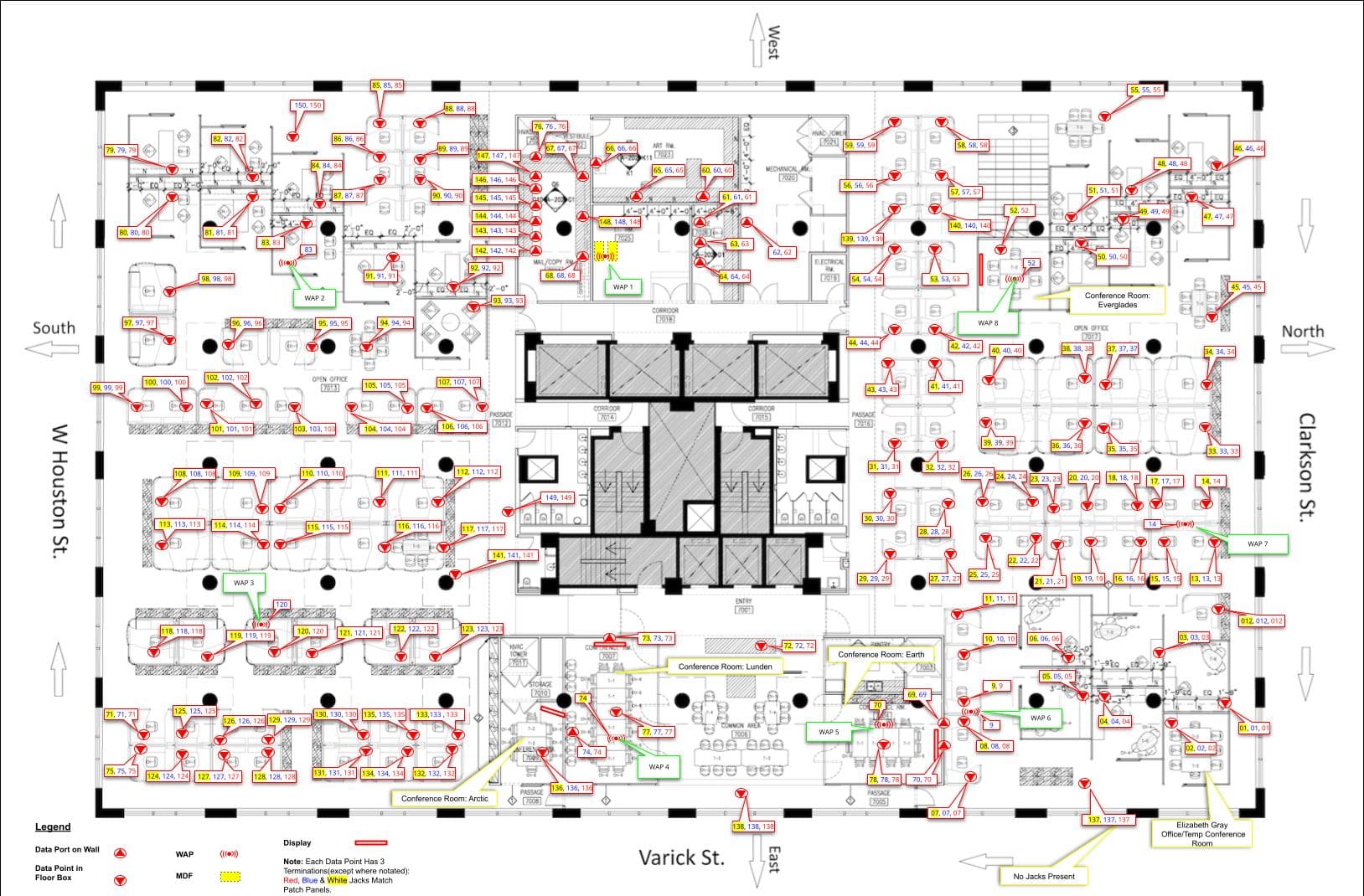Annotated floor plan of Audubon's NYC headquarters showing access point locations and patch panel port assignments